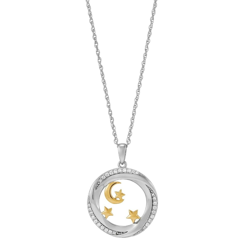 Brilliance Cz Moon Stars Circle Pendant, Sterling Silver & 14k Yellow Plate 18